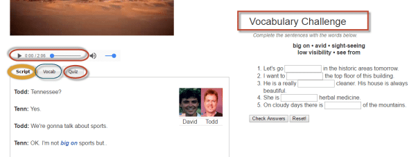 Giao diện audio của trang web học tiếng Anh Ellio