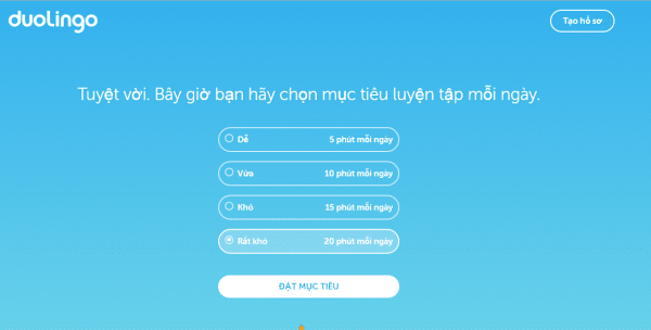 Đặt mục tiêu học trên trang web học tiếng Anh Doulingo