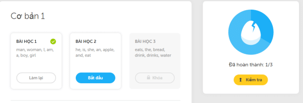 Tiến trình học trên trang web học tiếng Anh Duolingo
