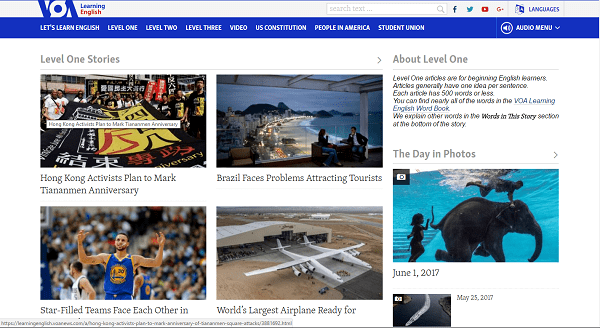 Giao diện của Level One của VOA Learning English
