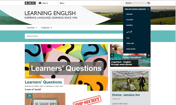 Tùy chọn ngôn ngữ trong website BBC learning english