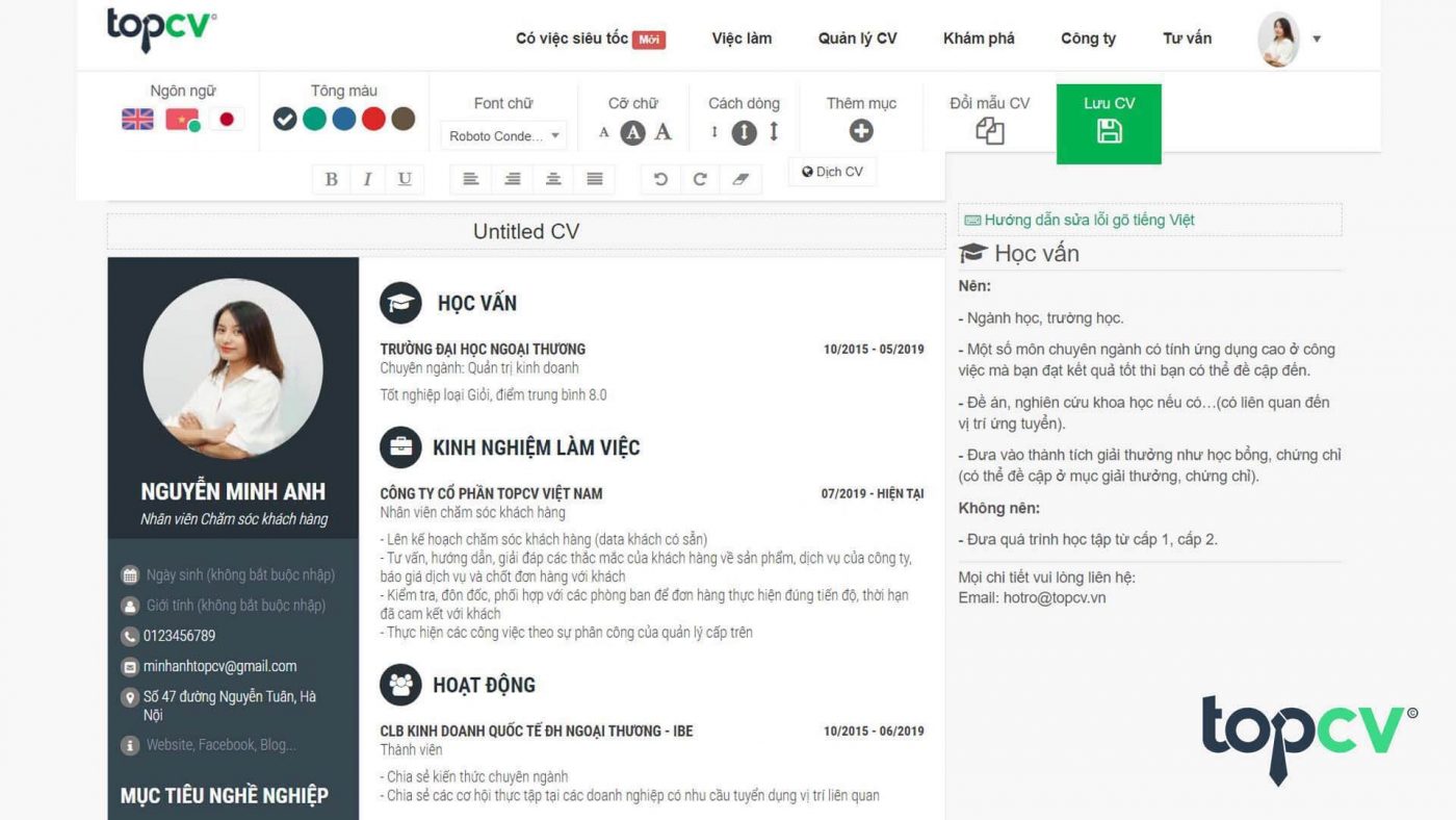 Top CV là có giao diện thân thiện