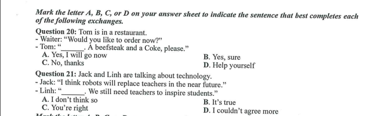 Dạng bài chức năng giao tiếp - Đề thi minh hoạ ôn thi thpt quốc gia môn anh