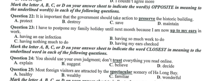 Dạng bài từ đồng nghĩa, trái nghĩa - Đề thi minh hoạ ôn thi THPT quốc gia môn Anh