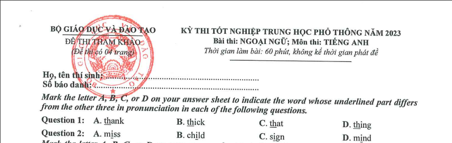 Dạng bài phát âm- Đề thi minh hoạ ôn thi thpt quốc gia môn anh