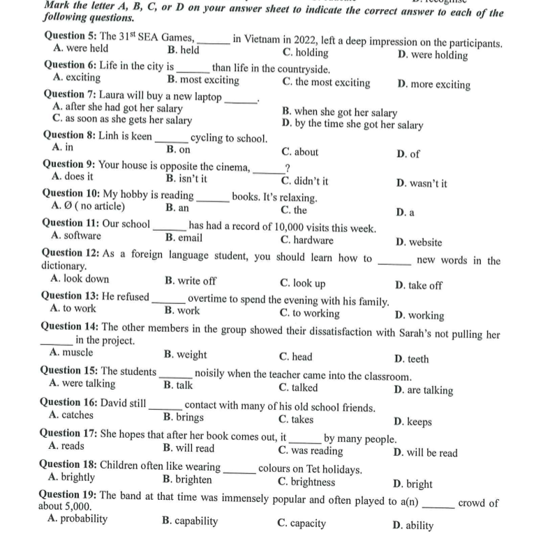 Dạng bài điền từ vào chỗ trống- Đề thi minh hoạ ôn thi thpt quốc gia môn anh