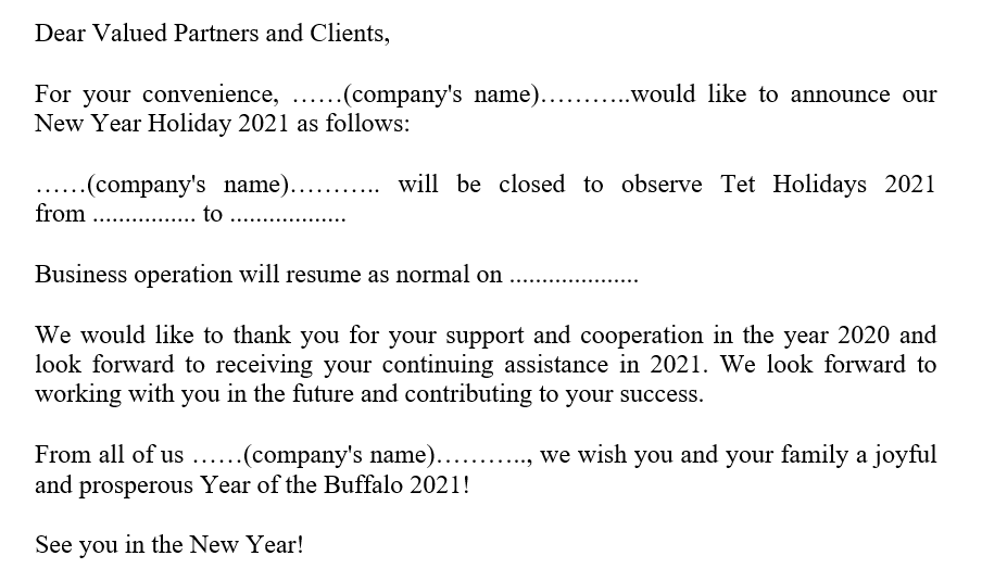 Mẫu email thông báo bằng tiếng Anh