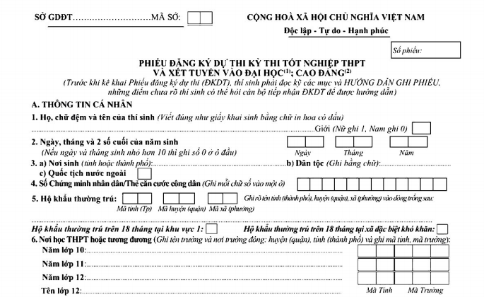Phiếu đăng ký dự thi THPT Quốc gia 2023