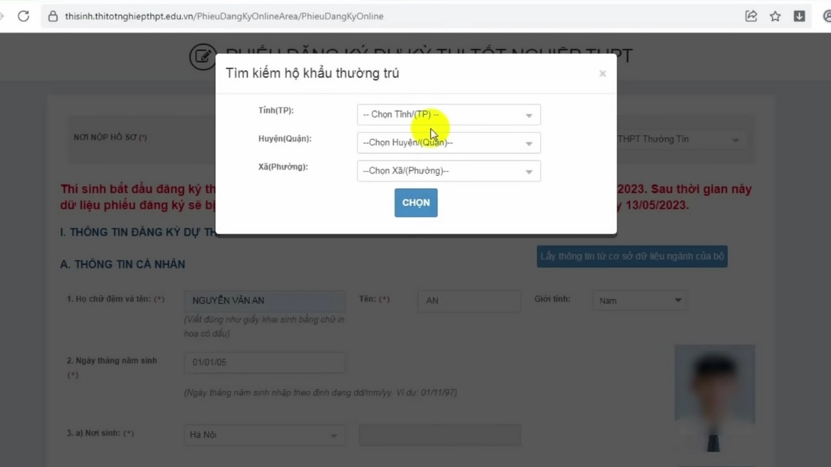 Điền mã tỉnh và trường THPT đang theo học vào phiếu dự thi