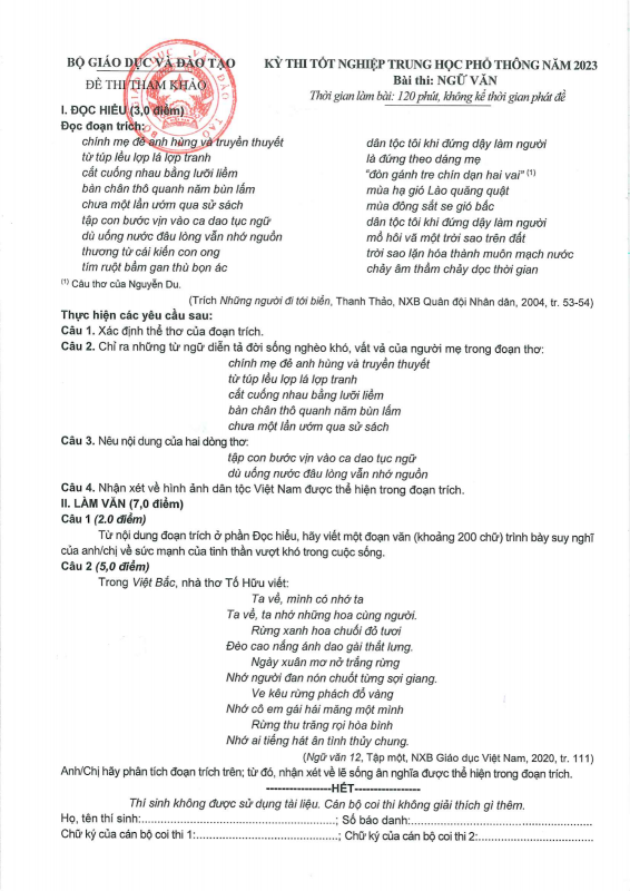 Cấu trúc đề thi minh hoạ THPT Quốc gia 2023 bộ môn Ngữ văn