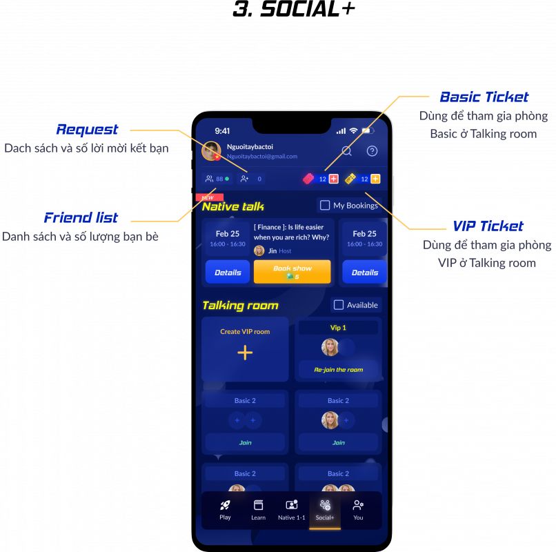 Giao diện phần Social+ của app luyện nói tiếng Anh Eng Breaking