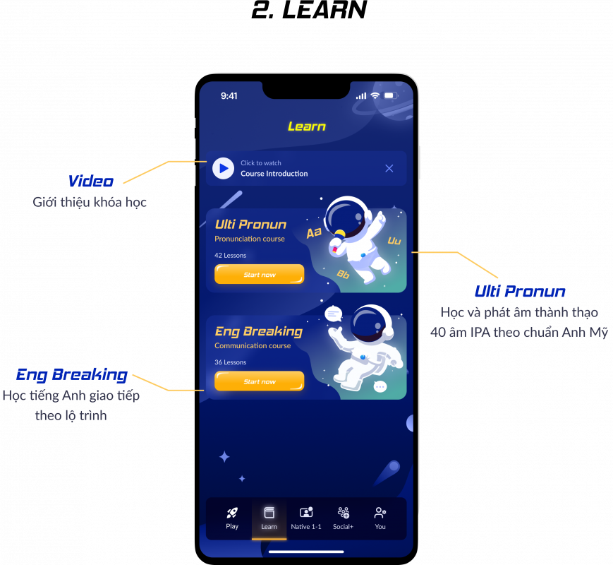 Giao diện phần Learn của app luyện nói tiếng Anh Eng Breaking