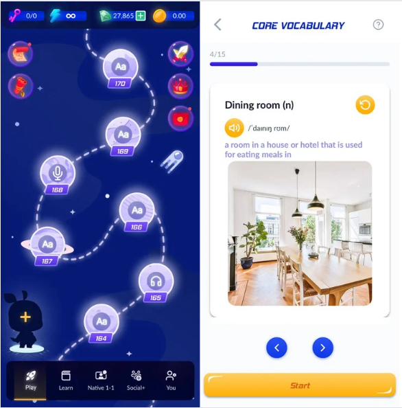 Các unit đan xen trong tính năng Play giúp bạn cải thiện rõ rệt vốn từ vựng