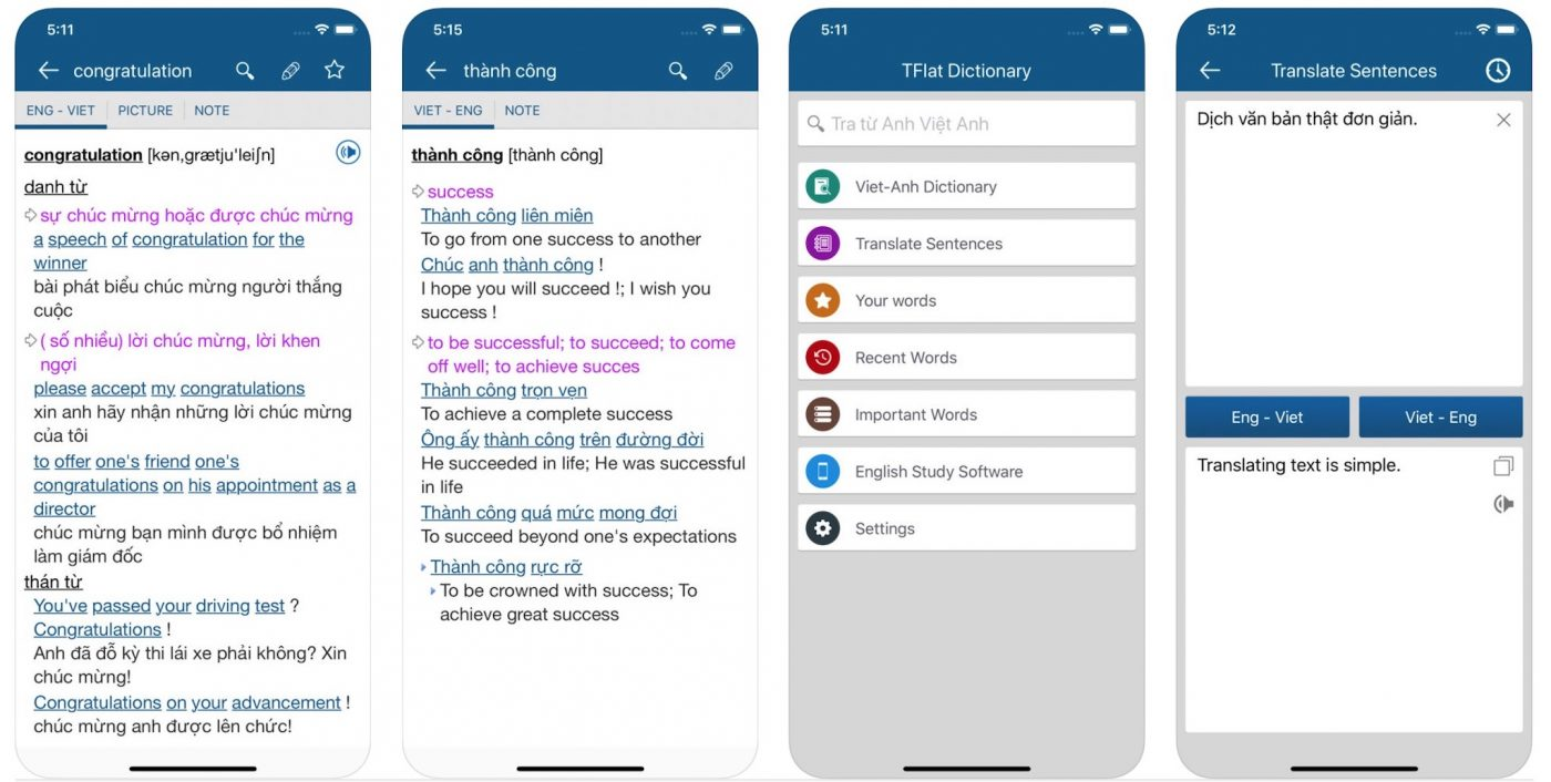 Giao diện app luyện nghe tiếng Anh kiêm từ điển TFlat