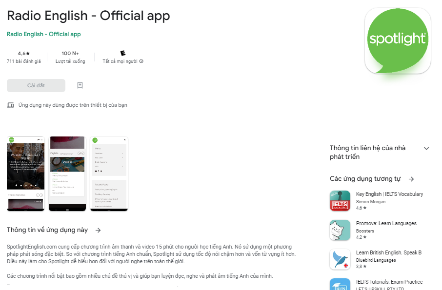 Giao diện tải app luyện nghe tiếng Anh Spotlight 