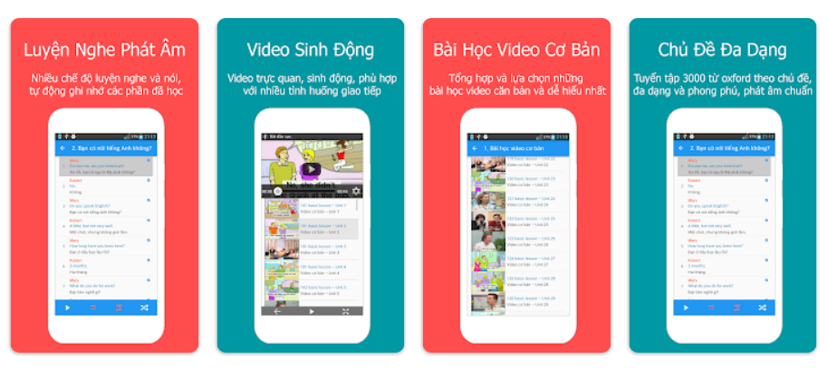 Giao diện của app luyện nghe Tiếng Anh Giao tiếp