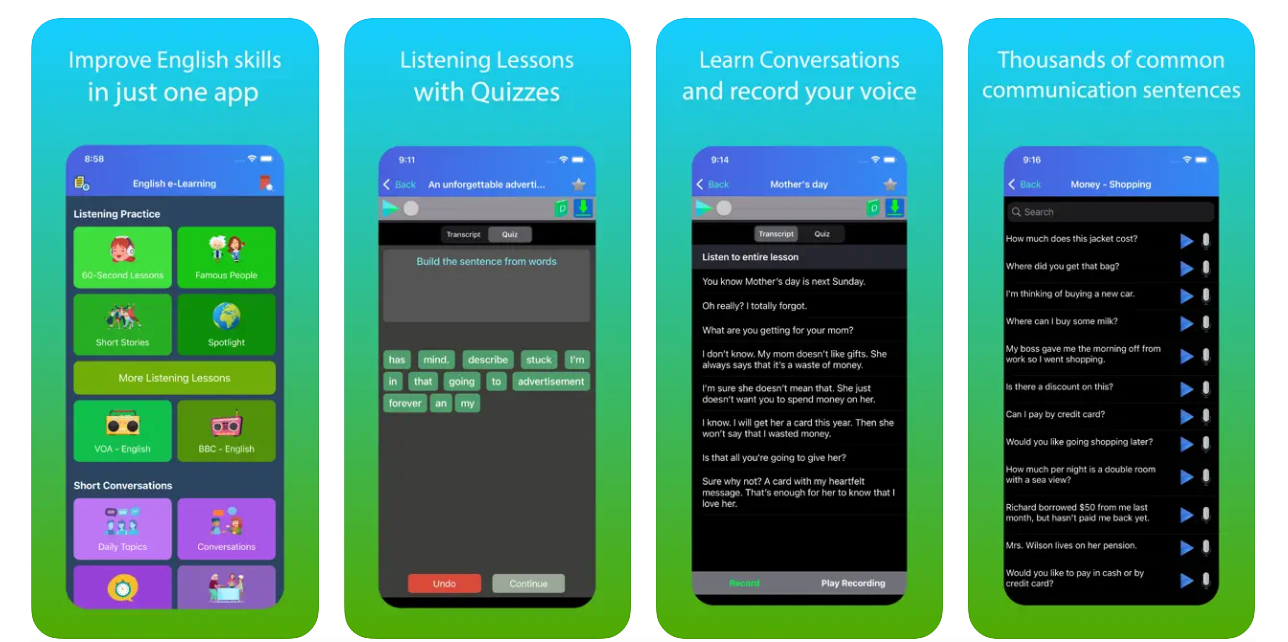 Giao diện app luyện nghe tiếng Anh English Listening and Speaking