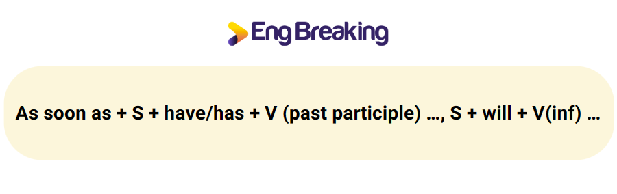 Công thức as soon as ở đầu câu khi xuất hiện hai hành động kéo dài và liên tiếp từ hiện tại đến hiện tại hoặc từ hiện tại đến tương lai.