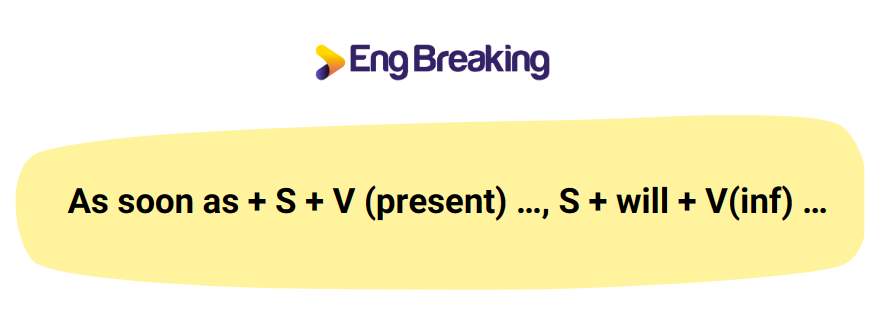 Công thức as soon as đứng ở vị trí đầu câu khi có hai hành động đều chưa xảy ra ở thời điểm nói.
