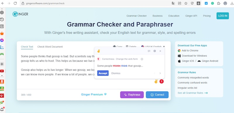 Giao diện web check ngữ pháp tiếng Anh Ginger Software