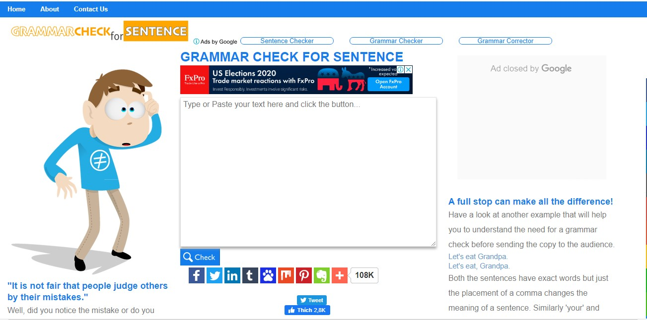 Giao diện web check ngữ pháp tiếng Anh Grammar Check for Sentence