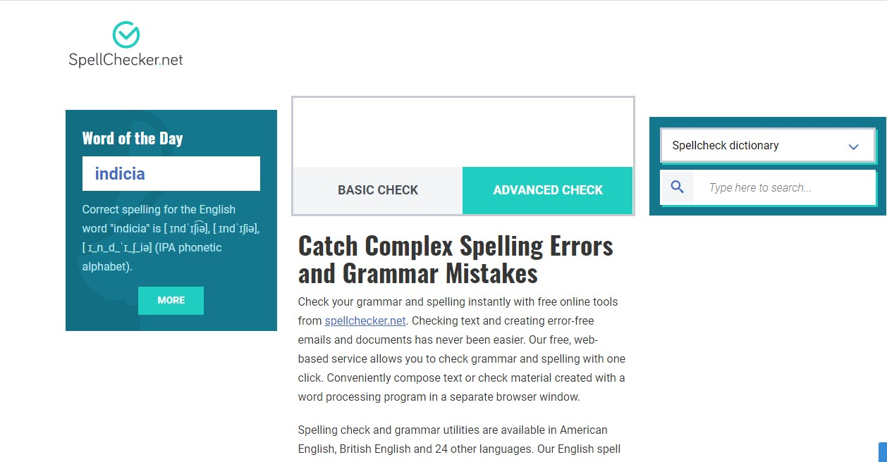Giao diện web check ngữ pháp tiếng Anh Spellchecker.net