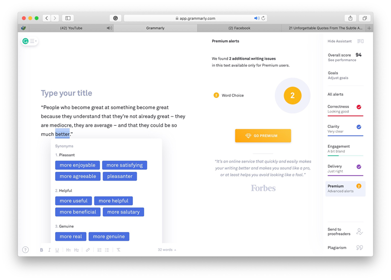 Giao diện của web check ngữ pháp tiếng Anh Grammarly