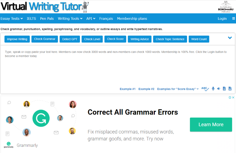 Giao diện của web check ngữ pháp tiếng Anh Virtual Writing Tutor