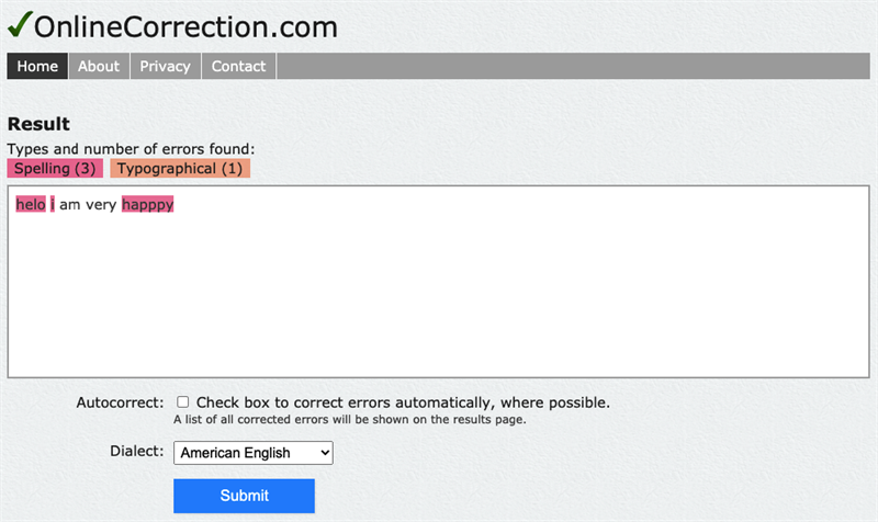 Giao diện web check ngữ pháp tiếng Anh OnlineCorrection