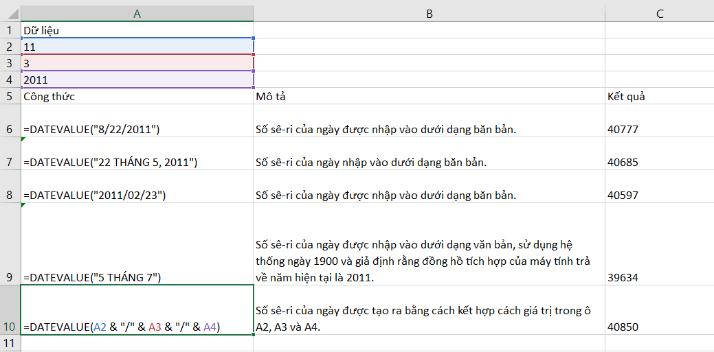 Các cách nhập và sử dụng hàm DATEVALUE