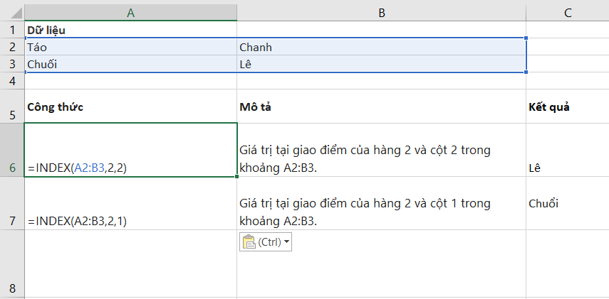 Cách sử dụng hàm INDEX trong excel