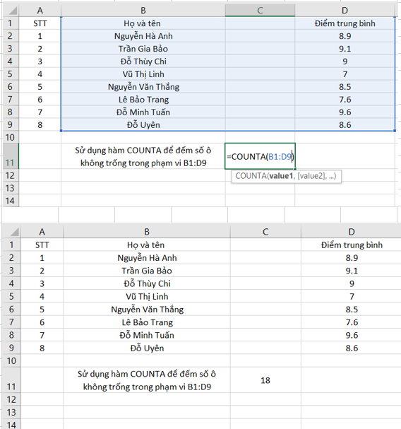 Đếm ô không trống trong phạm vi được chọn bằng hàm COUNTA