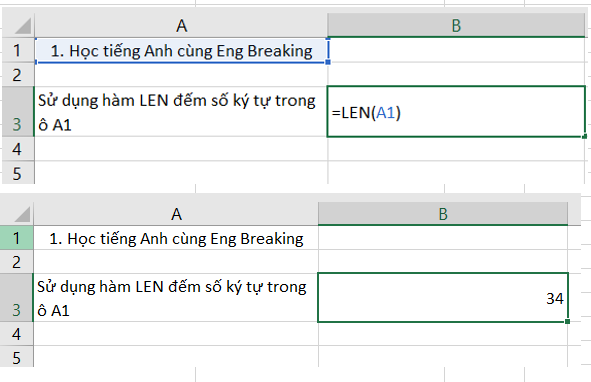 Hàm LEN cho ra số ký tự đếm được trong 1 ô