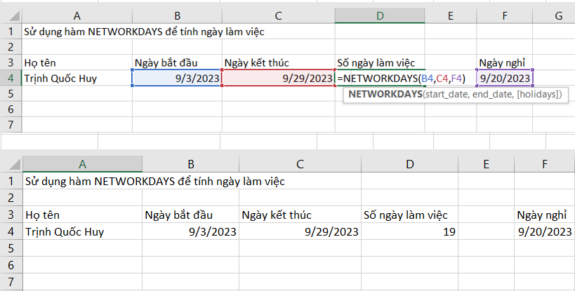 Hàm NETWORKDAYS tính số ngày làm việc đã trừ đi ngày nghỉ và cuối tuần