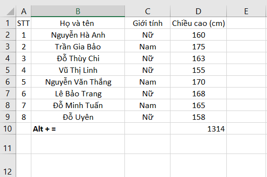 Tính tổng đơn giản với tổ hợp Alt + = 