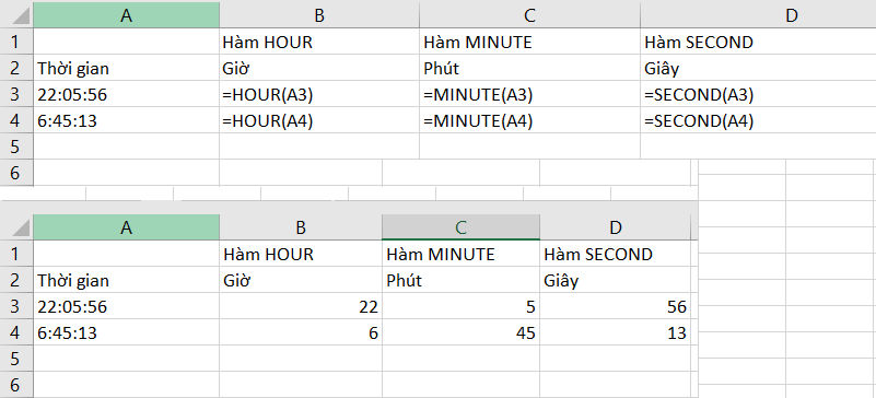 Sử dụng các hàm để xác định từng yếu tố của thời gian bạn chọn