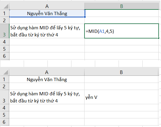 Hàm MID sẽ lấy 5 ký tự từ trái sang, bắt đầu từ ký từ thứ 4 