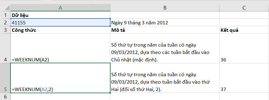Sử dụng hàm WEEKNUM trong excel