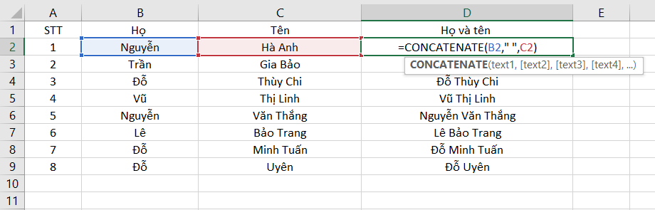 Ví dụ cho hàm CONCATENATE