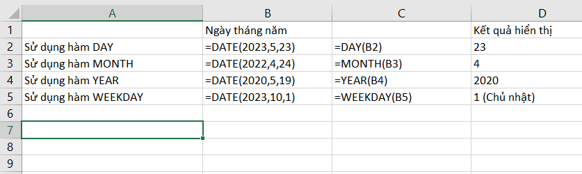 Ví dụ của 4 hàm về ngày tháng trong Excel