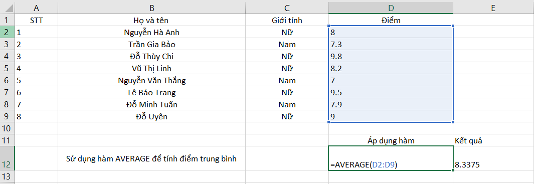 Ví dụ dùng hàm AVERAGE để tính điểm trung bình của nhóm học sinh